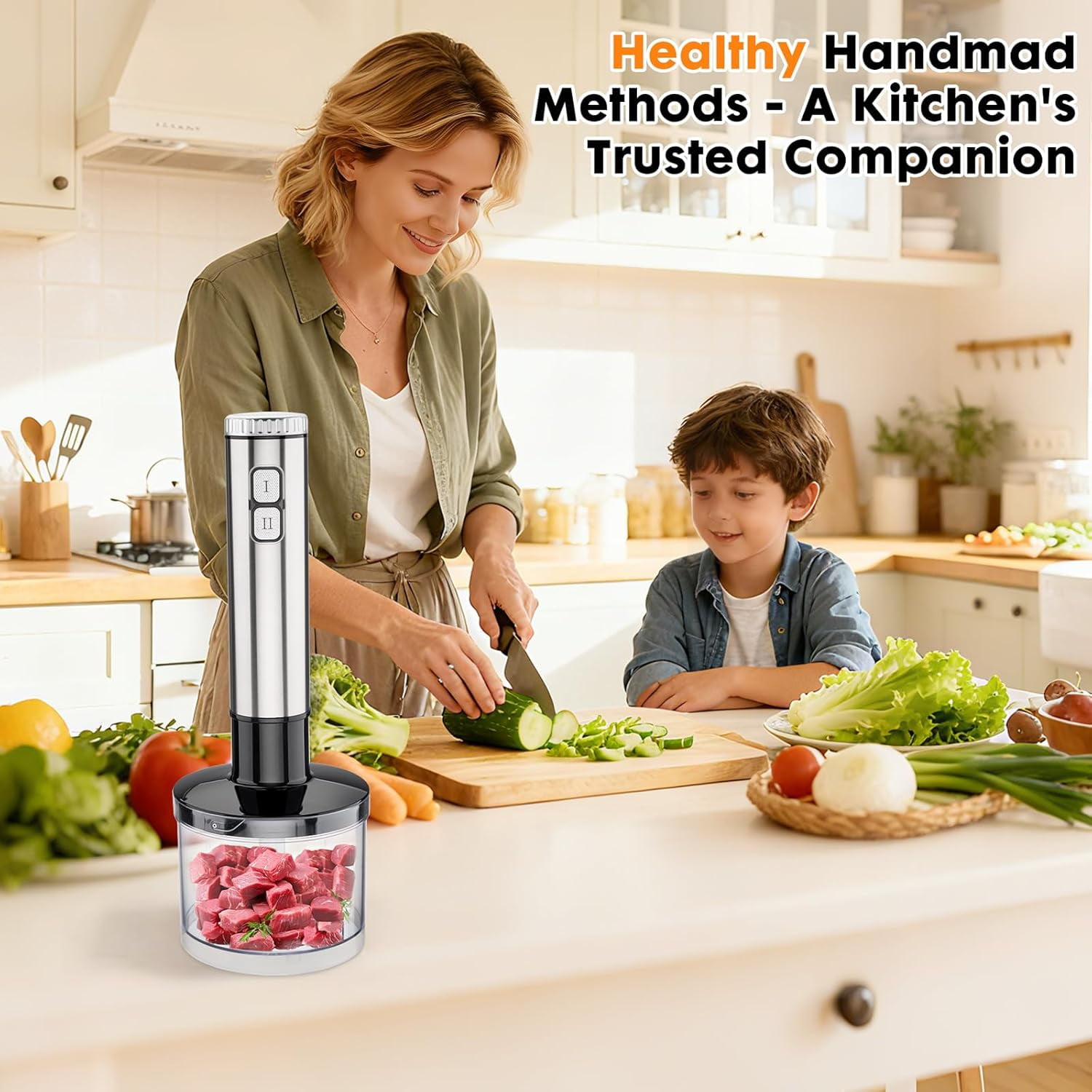 Immersion Hand Blender 8-in-1 with 25 Speeds  Mode Stainless Steel Motor for Smoothies Soups and Meat Grinding