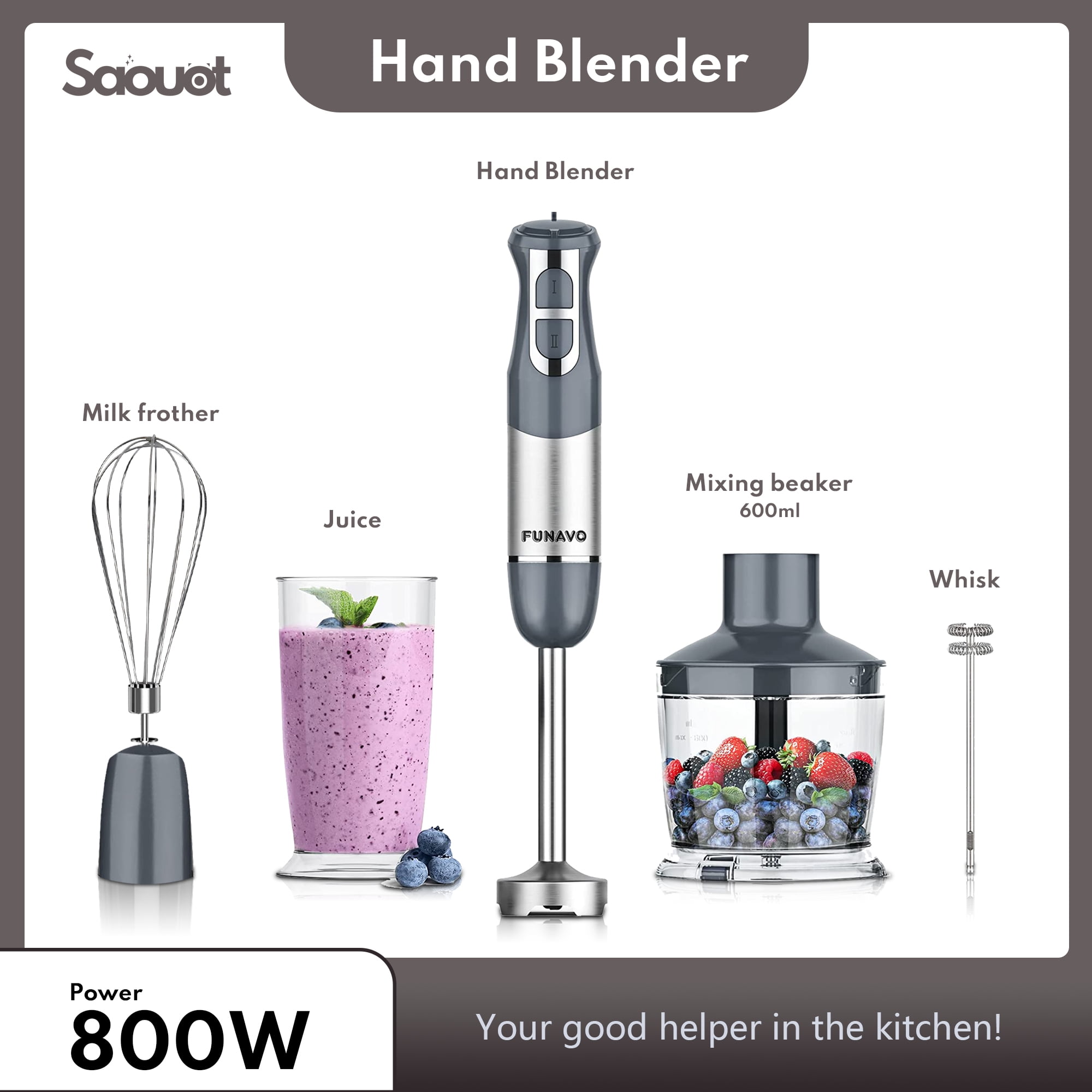 Hand Blender 500W 3-in-1 Multifunctional Electric Immersion Blender 8  Variable speed Stick Batidora Emersion Mixer, 600ml Mixing Beaker, Whisk  Attachment, BPA Free 5 Core 