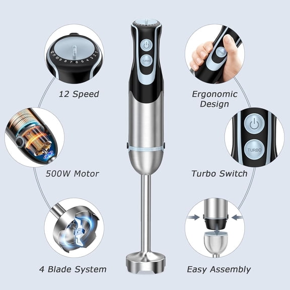 Immersion Handheld Blender 4-in-1, 500W Stainless Steel Stick Mixer with 12 Speeds & Turbo, Includes Beaker, Chopper & Whisk, Powerful Multi-Purpose Emulsion Blender
