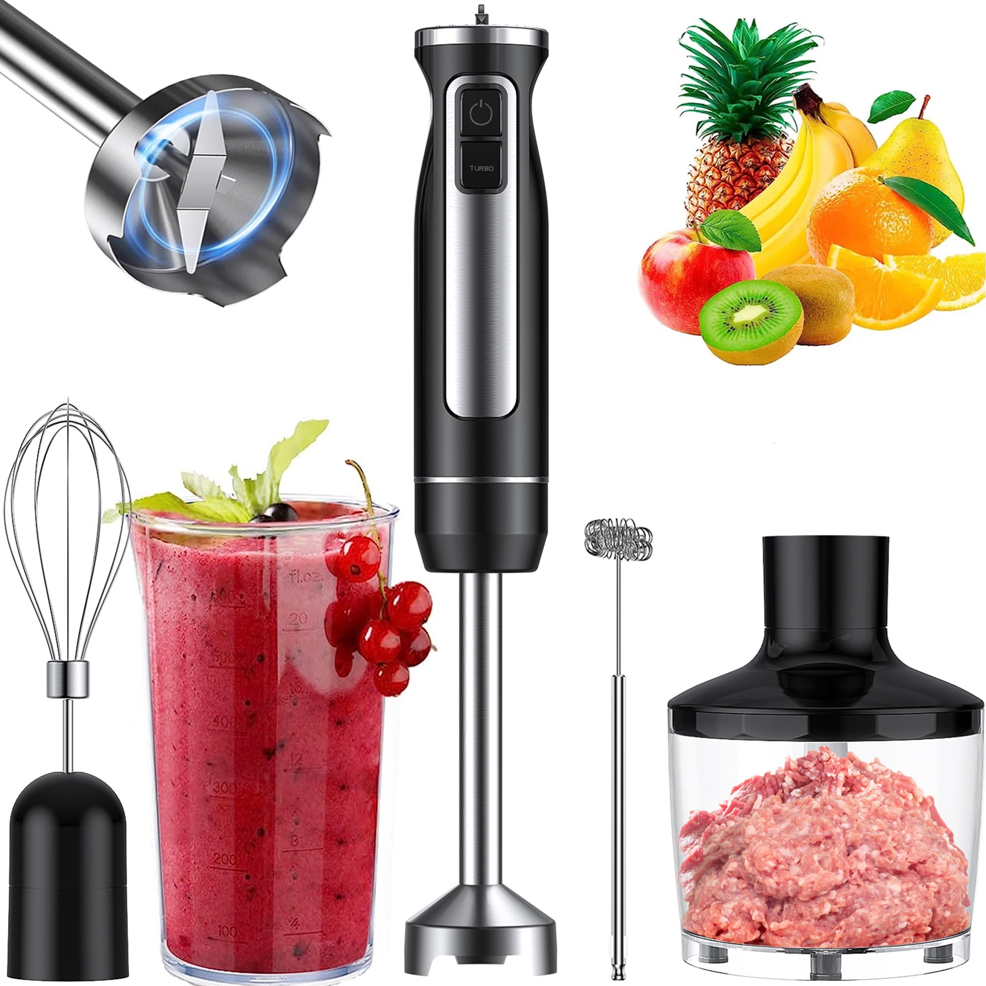 Immersion Handheld Blender, 6in1 Hand Blender Black Stainless Steel