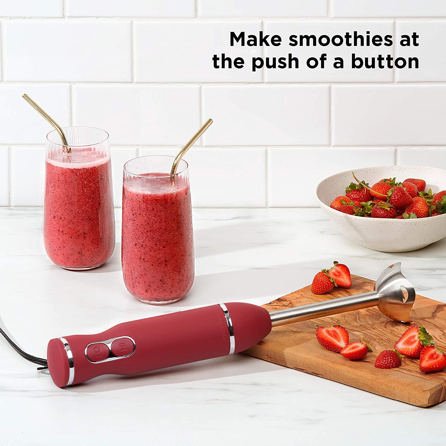 Immersion Stick Hand Blender with Stainless Steel Blades, Powerful Electric Ice Crushing 2-Speed Control Handheld Food Mixer, Red