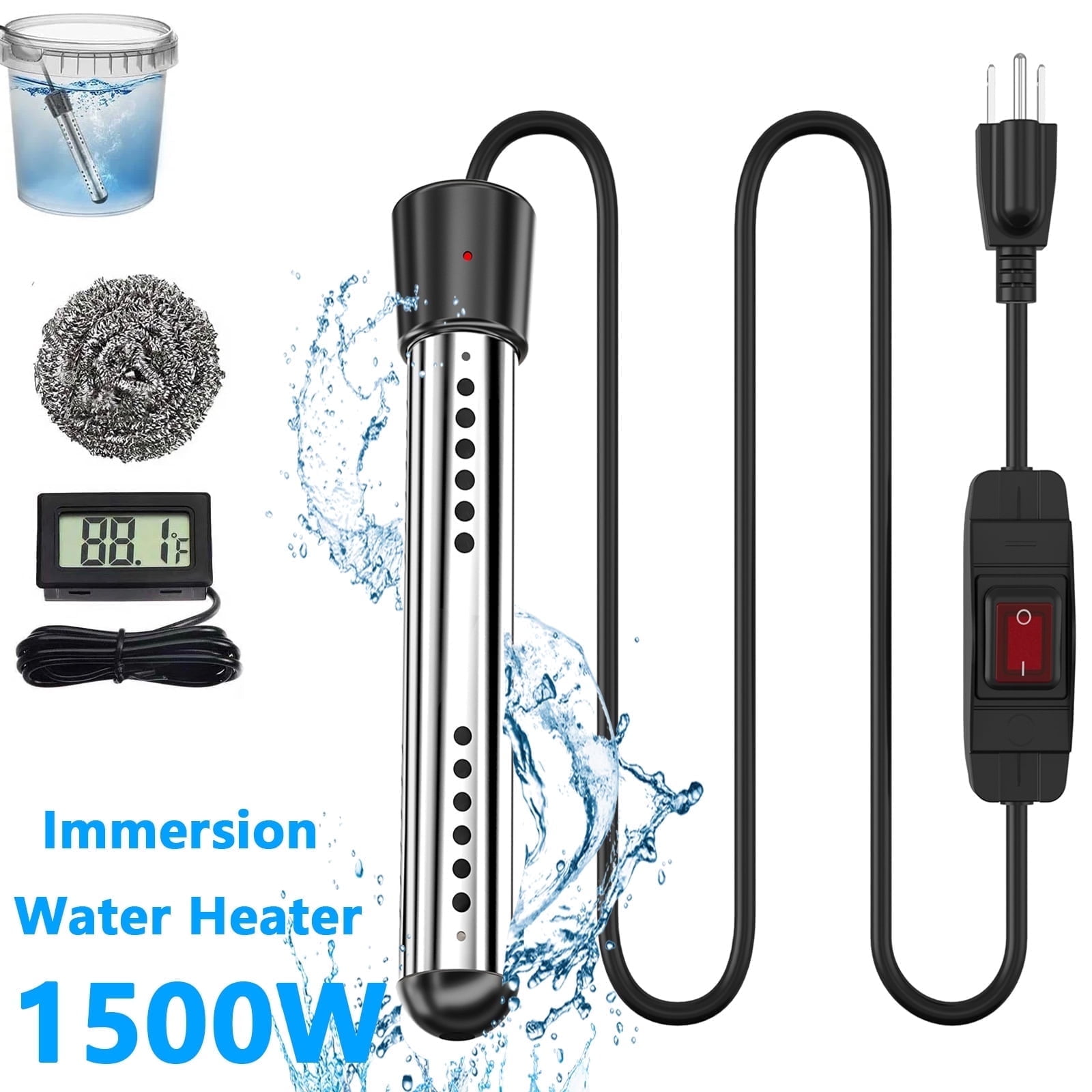Immersion Water Heater, 1500W Pool Heater with 304 SS Guard, Bathtub with Stainless Steel Guard & Digital LCD Thermometer & Wool Scrubber