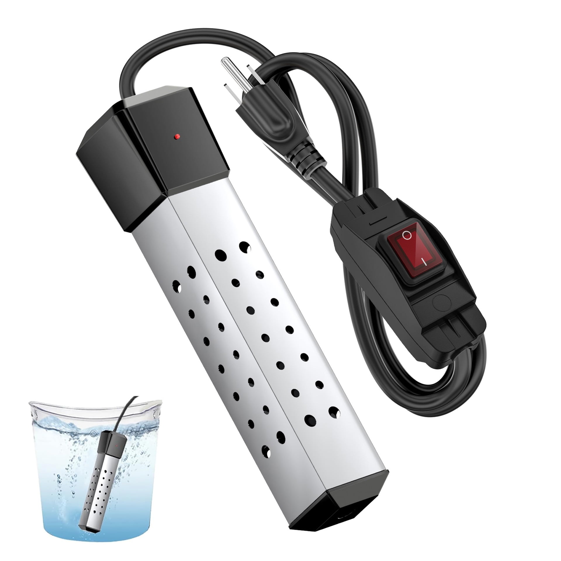 Immersion Water Heater, 2000W Pool Heater with 304 SS Guard, Bathtub, Quickly Heats 5 Gallons of Water, Small Portable,Rapid Heating in Minutes Black