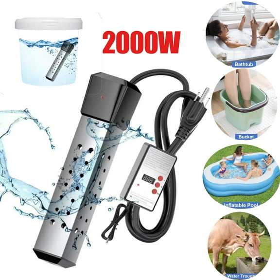 Immersion Water Heater with Thermostat,2000W Heater for Inflatable Above Ground Swimming Pool, Portable Submersible Bucket Heater, Bathtub Electric Water Heater with Stainless Guard
