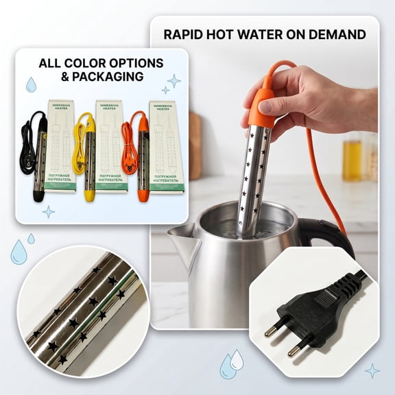 Immersion Water Heater, Portable Submersible Electric Heater, Eu Standard Auto Shutoff Heating Rod, 12X3.5X3.5 Inch Yellow Hot Water Heater, Temperature Function for Home, Travel,