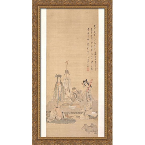Immortals Celebrating a Birthday 22x40 Large Gold Ornate Wood Framed Canvas Art by Chen Hongshou