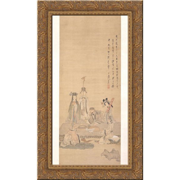 Immortals Celebrating a Birthday 24x14 Gold Ornate Wood Framed Canvas Art by Chen Hongshou