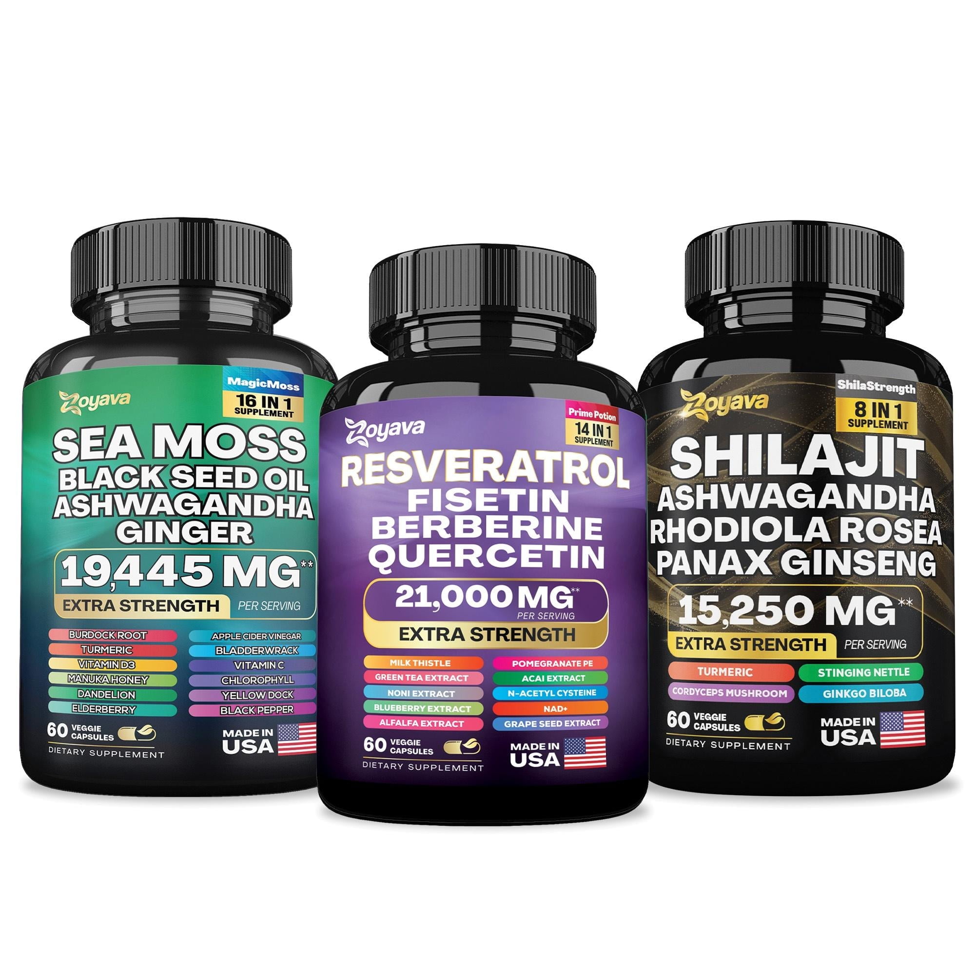 Immune & Energy Trio: Sea Moss, Shilajit, Resveratrol with Black Seed Oil, Ashwagandha, Turmeric, Bladderwrack, Burdock, Ginger, Vit C, D3, Elderberry, Manuka, Rhodiola, Ginseng, Gingko, Cordyceps