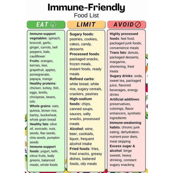 Immune Friendly Food List poster Immune System Foods Chart, Vitamin C Foods List, Zinc Rich Foods, Whole Grain & Protein Foods poster