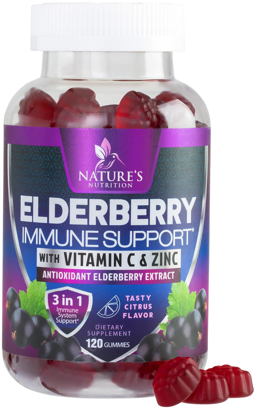 Immune Support Gummies - Powerful Sambucus Elderberry Gummies with Elderberry Extract, Zinc & Vitamin C Gummy, Max Potency Natural Vegan Immune Support Supplement for Adults & Children - 120 Gummies