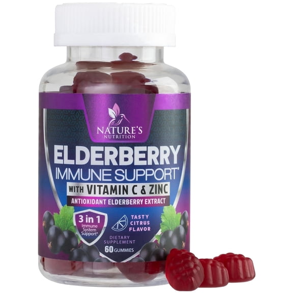 Elderberry Immune Support Gummies - 3X Strength Sambucus Elderberry Gummy with Vitamin C, D3 & Zinc - Natures Black Elderberry Extract - Immune Support Supplement for Adults & Kids - 60 Gummies