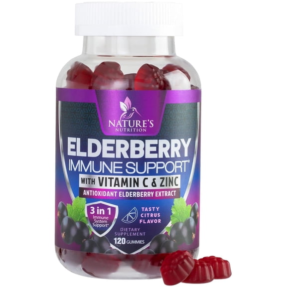 Elderberry Immune Support Gummies - 3X Strength Sambucus Elderberry Gummy with Vitamin C, D3 & Zinc - Nature’s Black Elderberry Extract - Immune Support Supplement for Adults & Kids - 120 Gummies