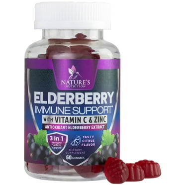 Immune Support Gummies - Sambucus Elderberry Gummy with Elder Berry Extract, Zinc & Vitamin C, Natural Vegan Immune Support Supplement for Adults & Children, Gummy Elderberry Vitamins - 60 Gummies