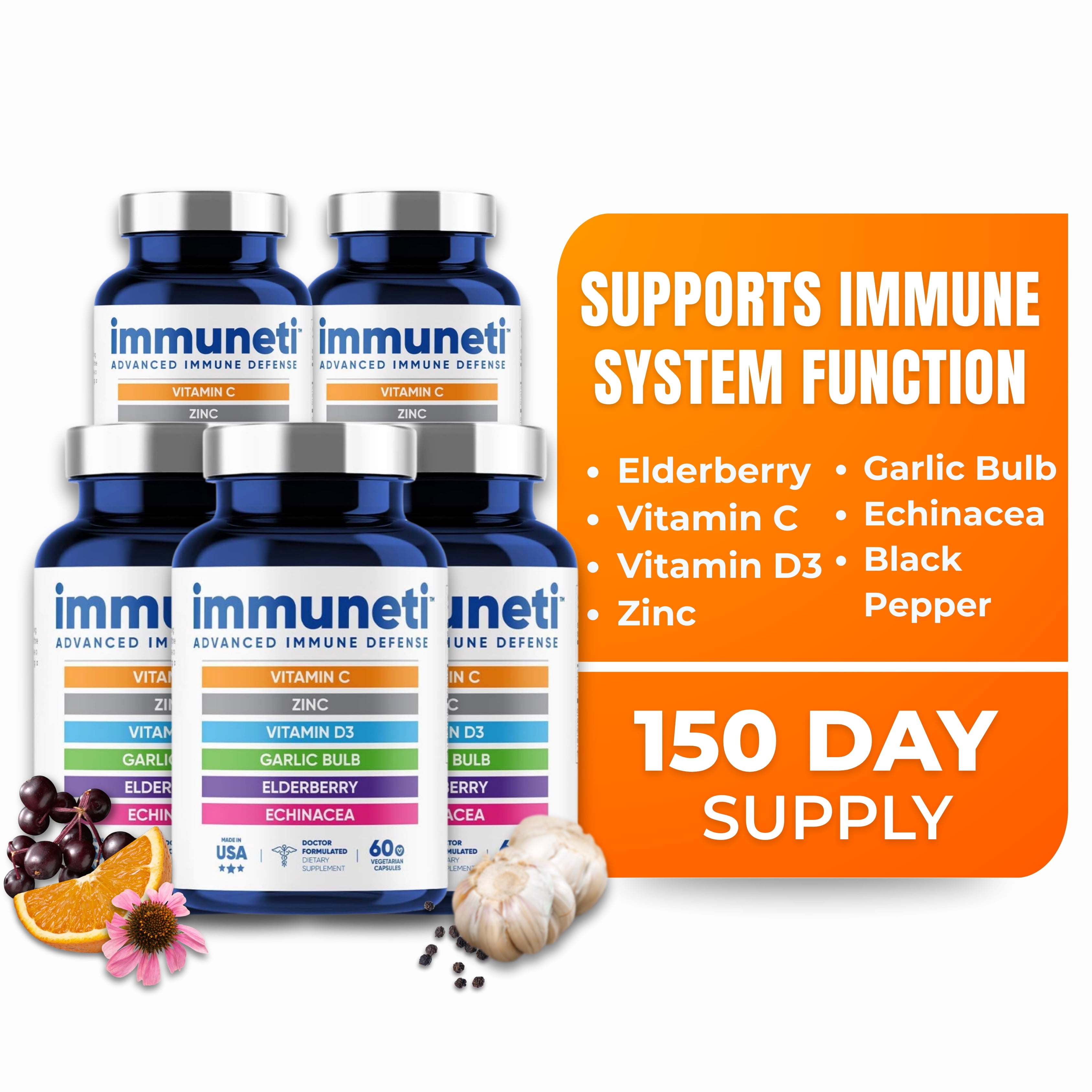 Immuneti - Advanced Immune Defense 6-in-1 - Vitamin C, Echinacea, Elderberry, Vitamin D, Zinc, Garlic