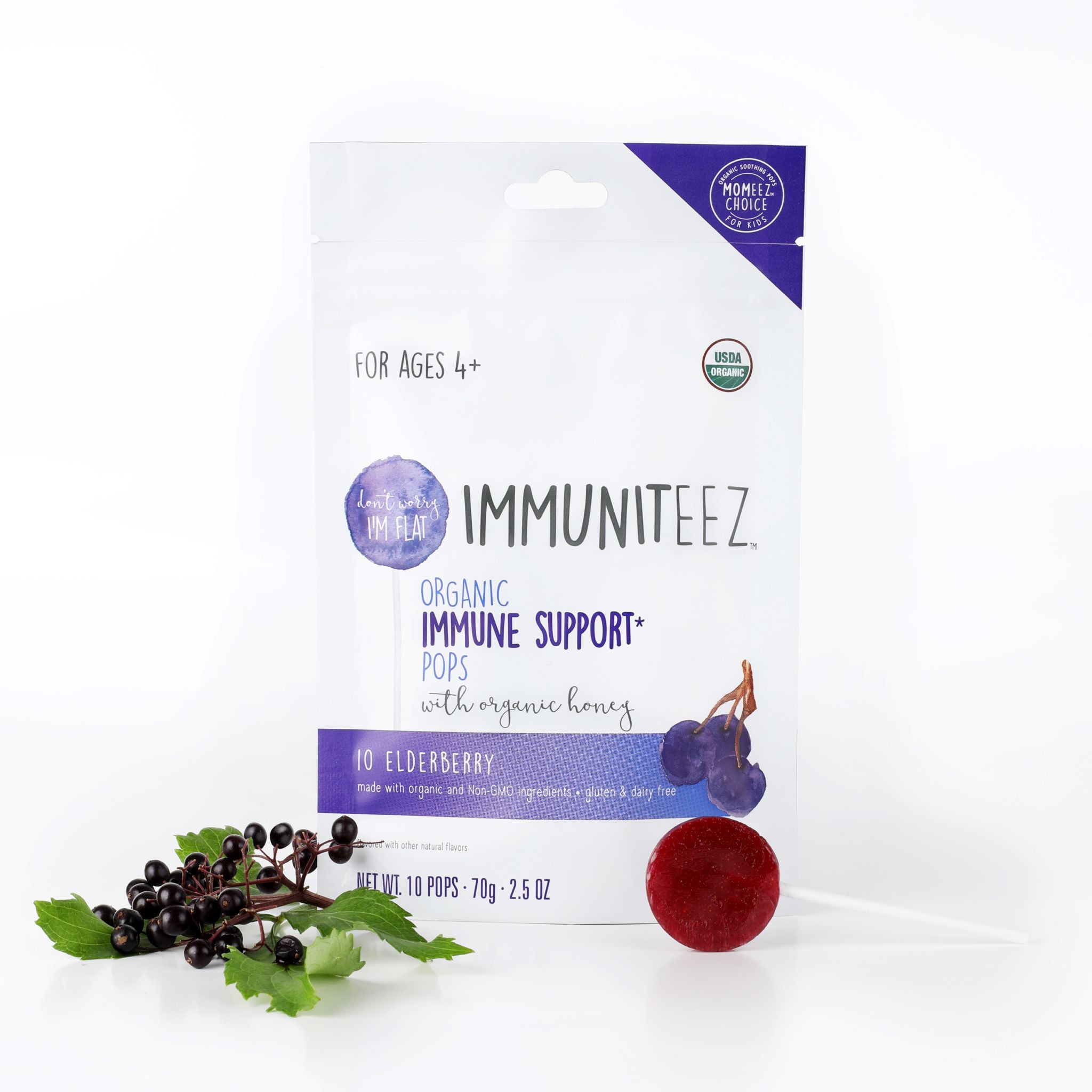 Immuniteez Organic Immune Support Flat Lollipops with Organic Honey, Elderberry,  2.5 oz, 10 Ct Bag