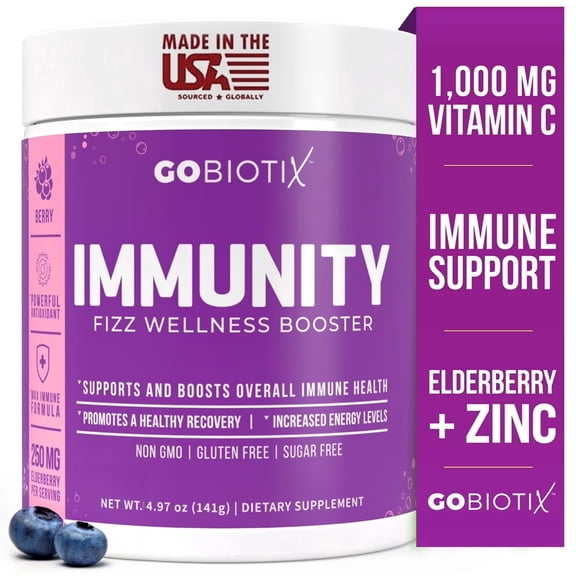 GoBiotix Immunity Fizz Drink with Vitamin C, Zinc & Elderberry for Immune Support, Berry, 30 Servings