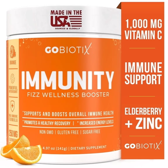 GoBiotix Immunity Fizz Drink with Vitamin C, Zinc & Elderberry for Immune Support, Orange, 30 Servings