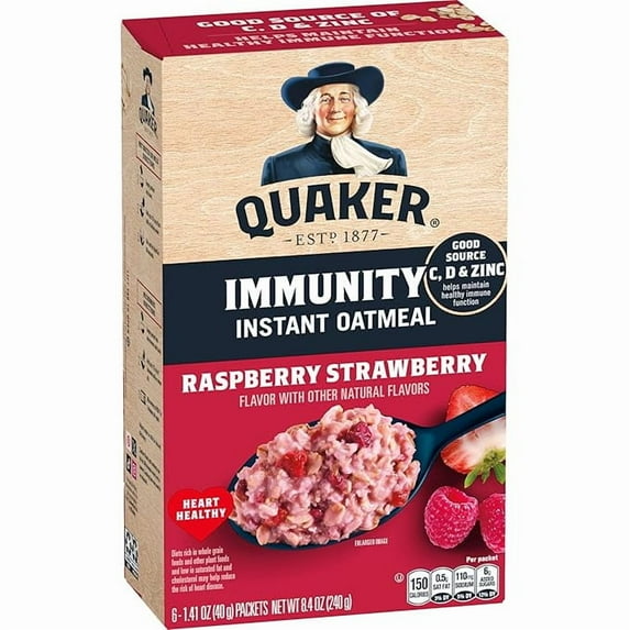Immunity Instant Oatmeal, Raspberry Strawberry, Good Source of Vitamins C, D, & Zinc, Whole Grains, No Artificial Flavors, No Colors from Artificial Sources, 1.41 oz Packets, (6 Pack)