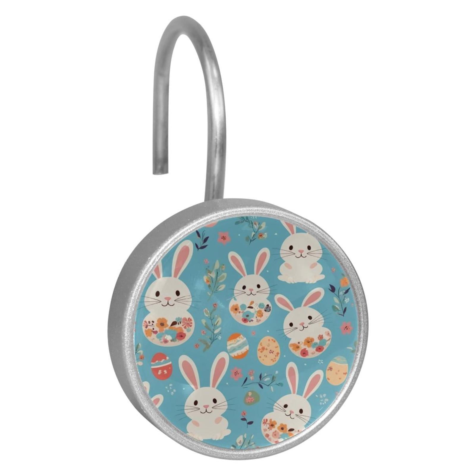 Imobaby 12 Pcs Metal Shower Curtain Hooks Rust Proof for Shower Curtain Liner - Blue Flower Little White Rabbit
