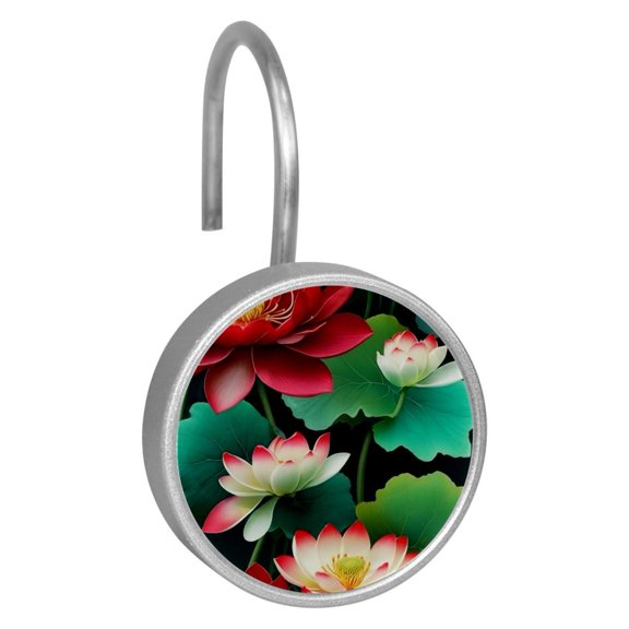 Imobaby 12 Pcs Metal Shower Curtain Hooks Rust Proof for Shower Curtain Liner - Bright Red Blooming Lotus Flowers