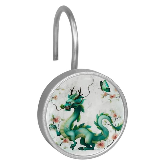 Imobaby 12 Pcs Metal Shower Curtain Hooks Rust Proof for Shower Curtain Liner - Dragon Flower Branch Blue