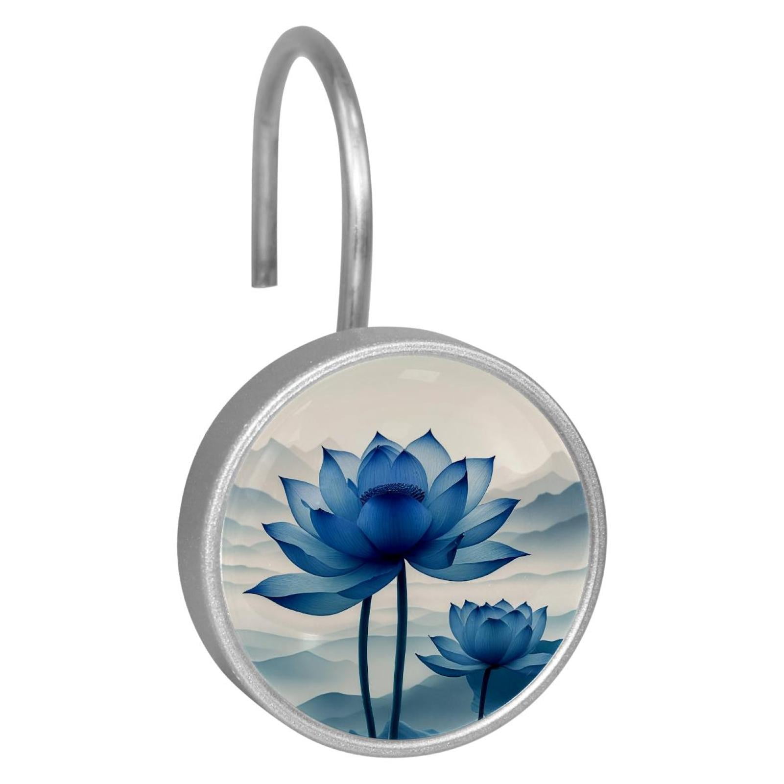 Imobaby 12 Pcs Metal Shower Curtain Hooks Rust Proof for Shower Curtain Liner - Landscape Ink Blue Lotus