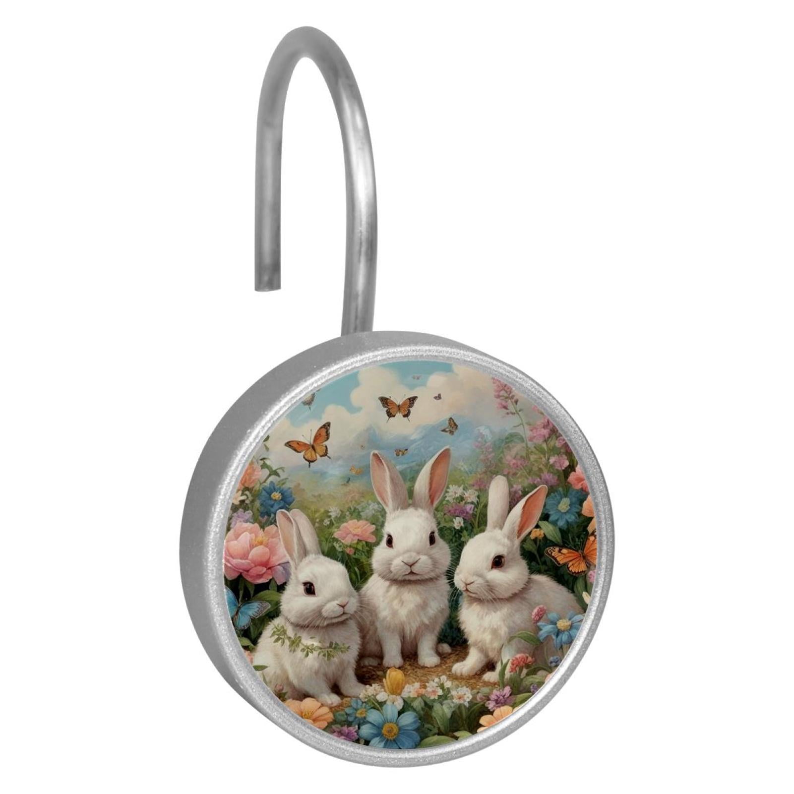 Imobaby 12 Pcs Metal Shower Curtain Hooks Rust Proof for Shower Curtain Liner - Little Rabbit Flower Cluster Gathering