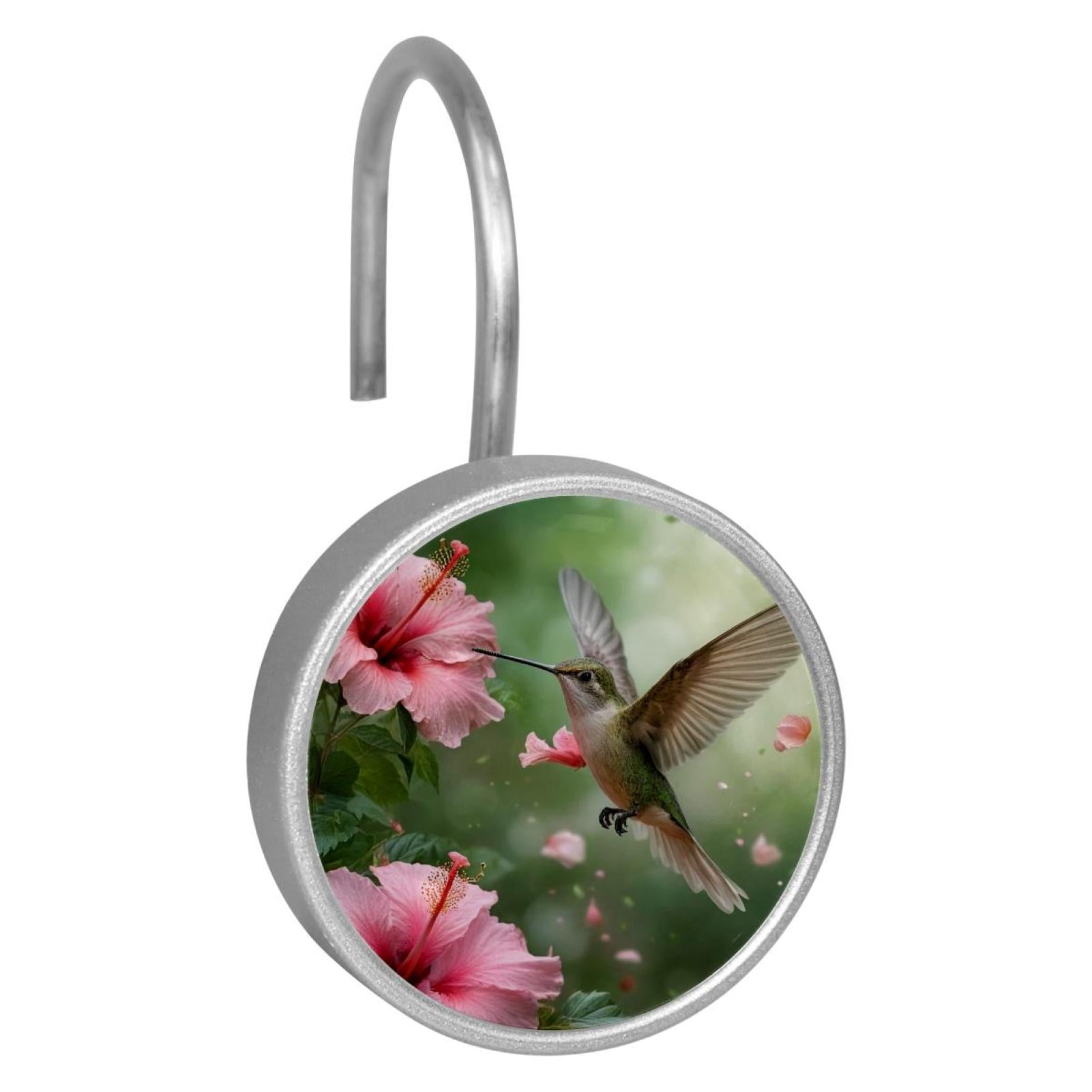 Imobaby 12 Pcs Metal Shower Curtain Hooks Rust Proof for Shower Curtain Liner - Pink Lily Hummingbird
