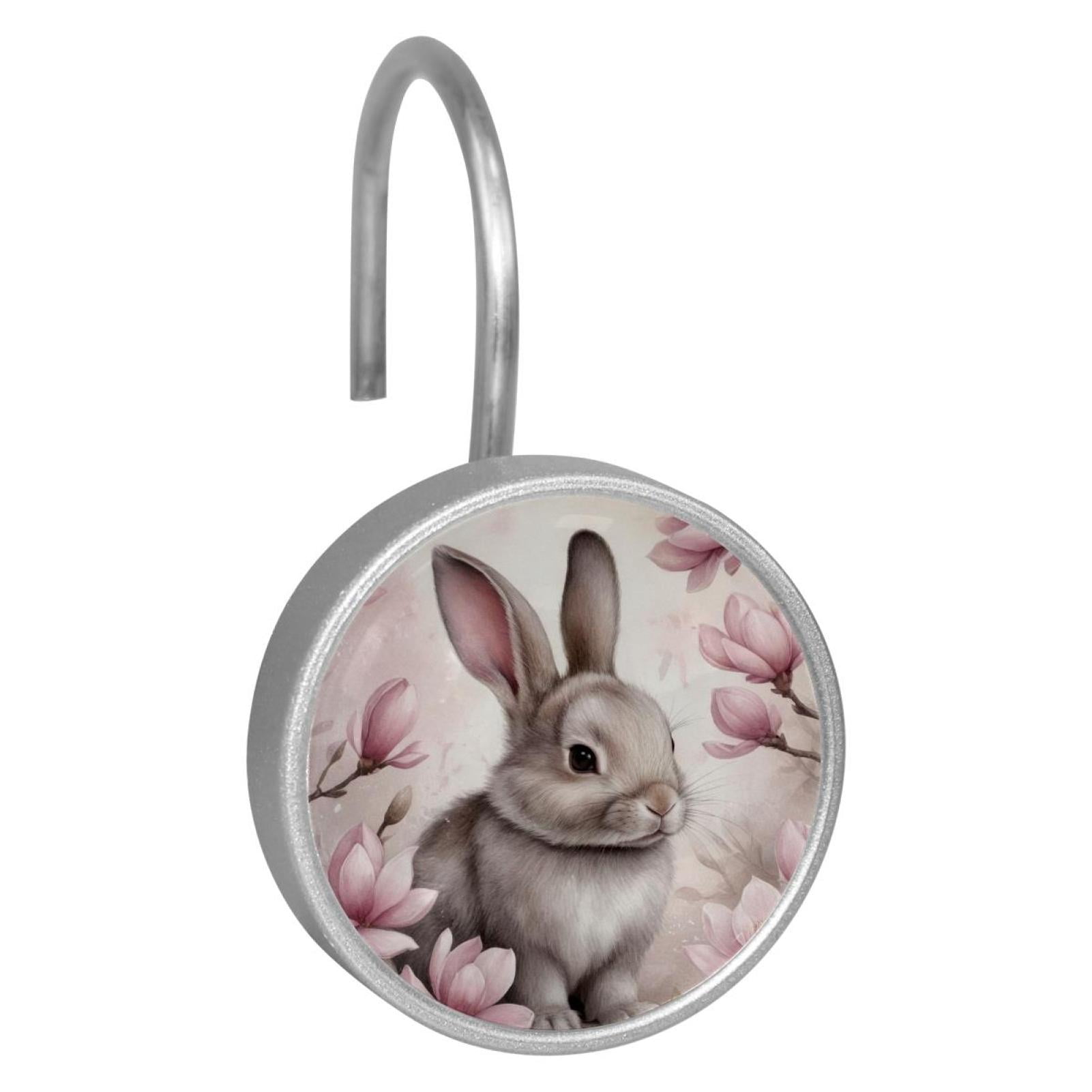 Imobaby 12 Pcs Metal Shower Curtain Hooks Rust Proof for Shower Curtain Liner - Plum Blossom Happy Little Rabbit
