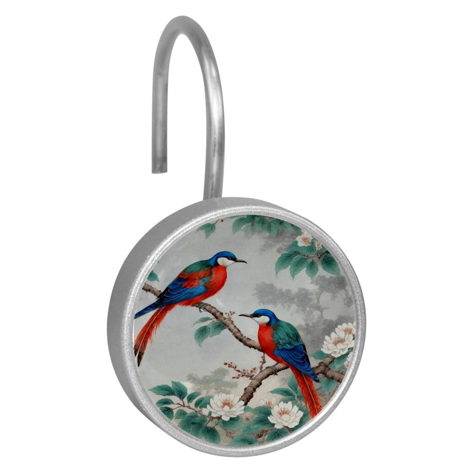 Imobaby 12 Pcs Metal Shower Curtain Hooks Rust Proof for Shower Curtain Liner - Red and Blue Magpies