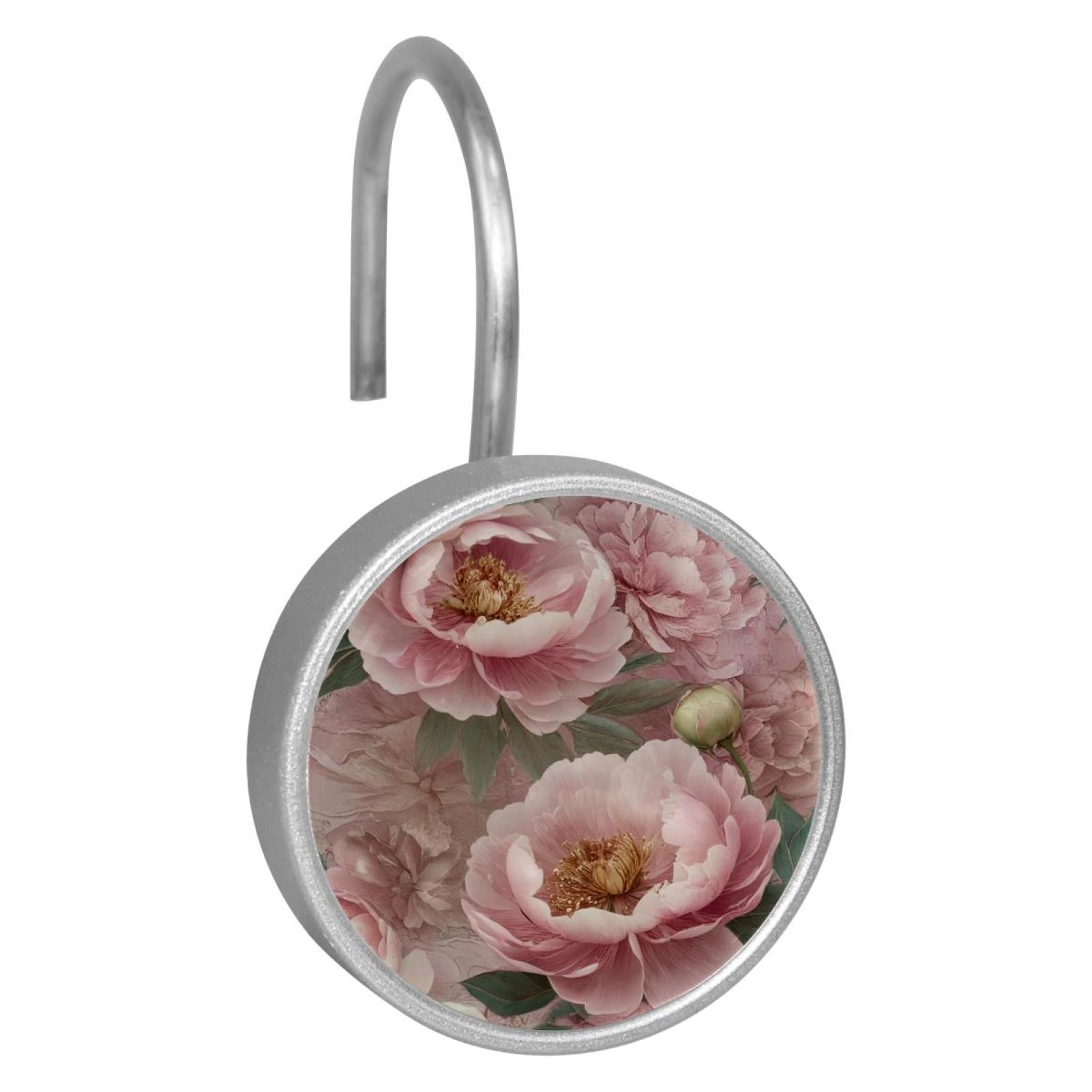 Imobaby 12 Pcs Metal Shower Curtain Hooks Rust Proof for Shower Curtain Liner - Vintage Pink Carnation