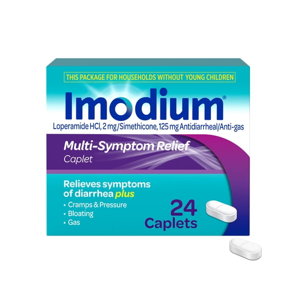 Imodium Multi-Symptom Relief Anti-Diarrheal Caplets 2mg Loperamide & Simethicone 125 mg, 24 Count