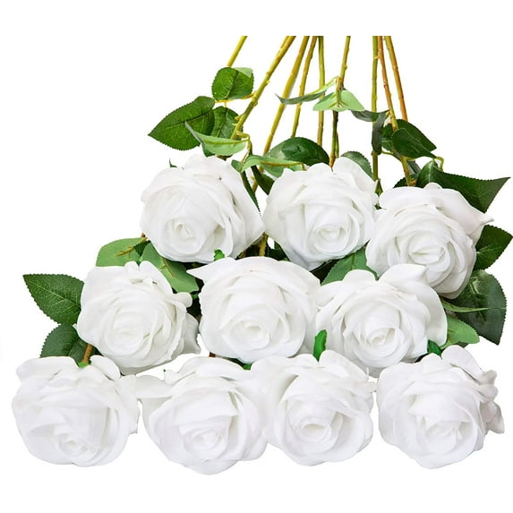 Imoment 10PCS White Roses Artificial Silk Flowers, Fake Roses with Long Stems,Faux Rose Bouquets for Wedding Floral Arrangements-21.2 Inch
