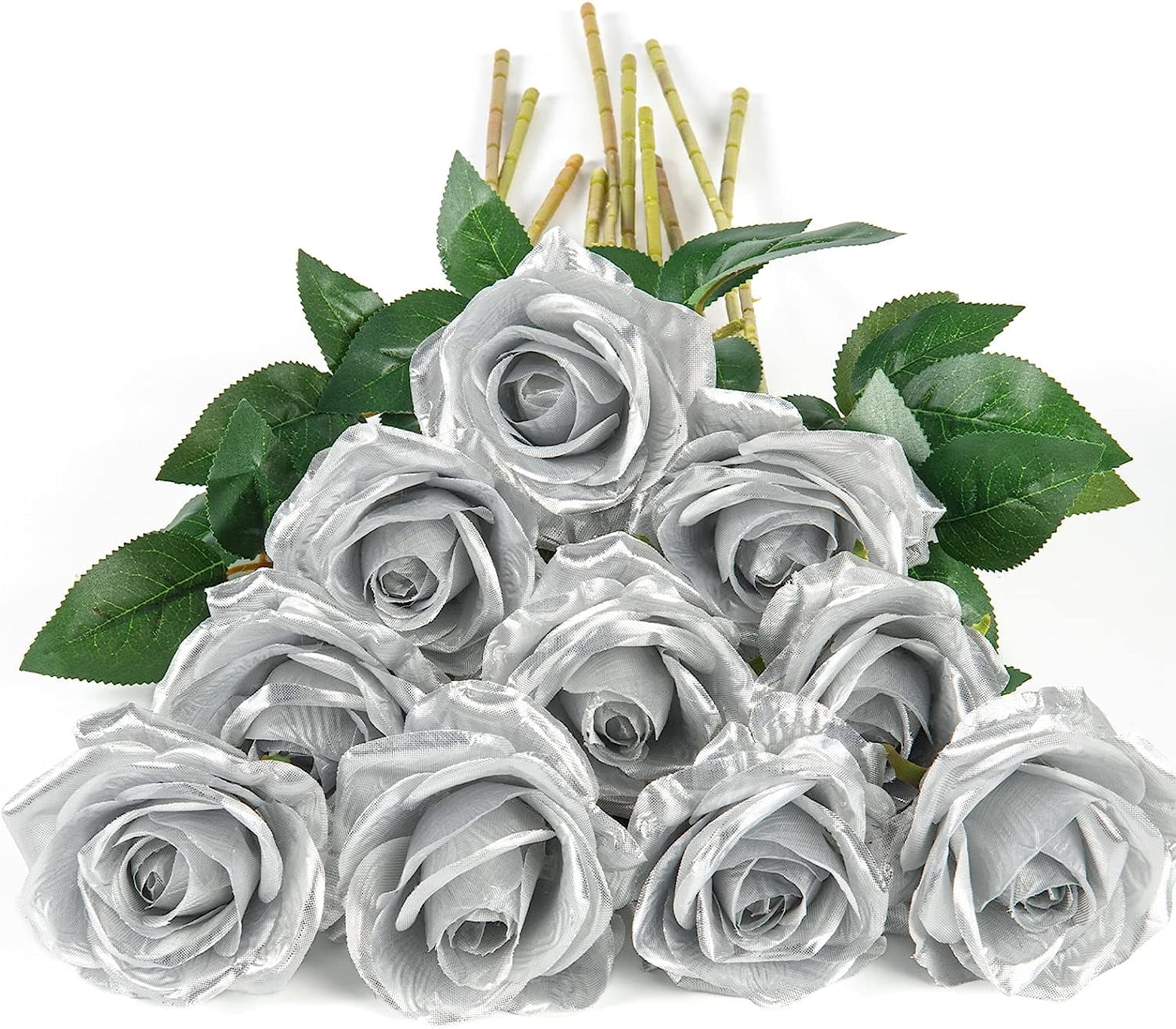 Imoment 10pcs Artificial Silk Roses Bouquet Silver Silk Rose Flowers