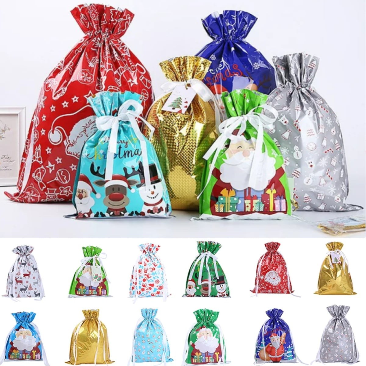 Imoment 12Pcs Set Holiday Drawstring Gift Bags Assorted Christmas Foil Gift Wrapping Bags Christmas Bags Santa Wrapping Bag with Tags for Christmas Party Xmas Holiday Walmart