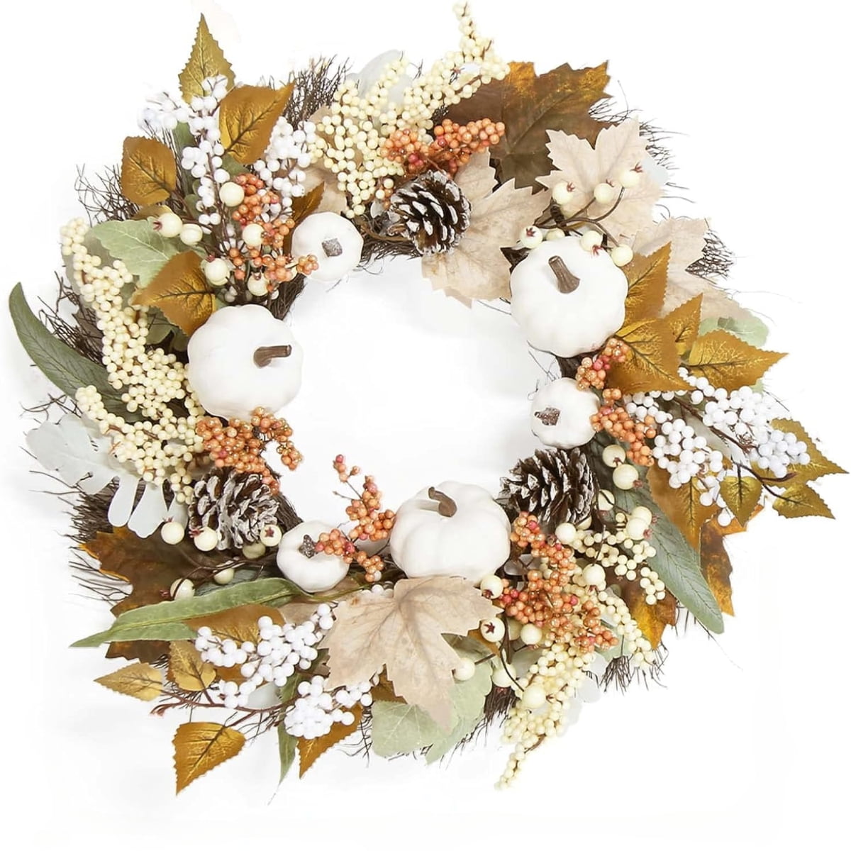 Imoment 18 Inch Autumn Maples Leaf Pumpkin Pine Cone Berry Wreath,Fall Wreaths for Front Door,Fall Decor for Thanksgiving Harvest