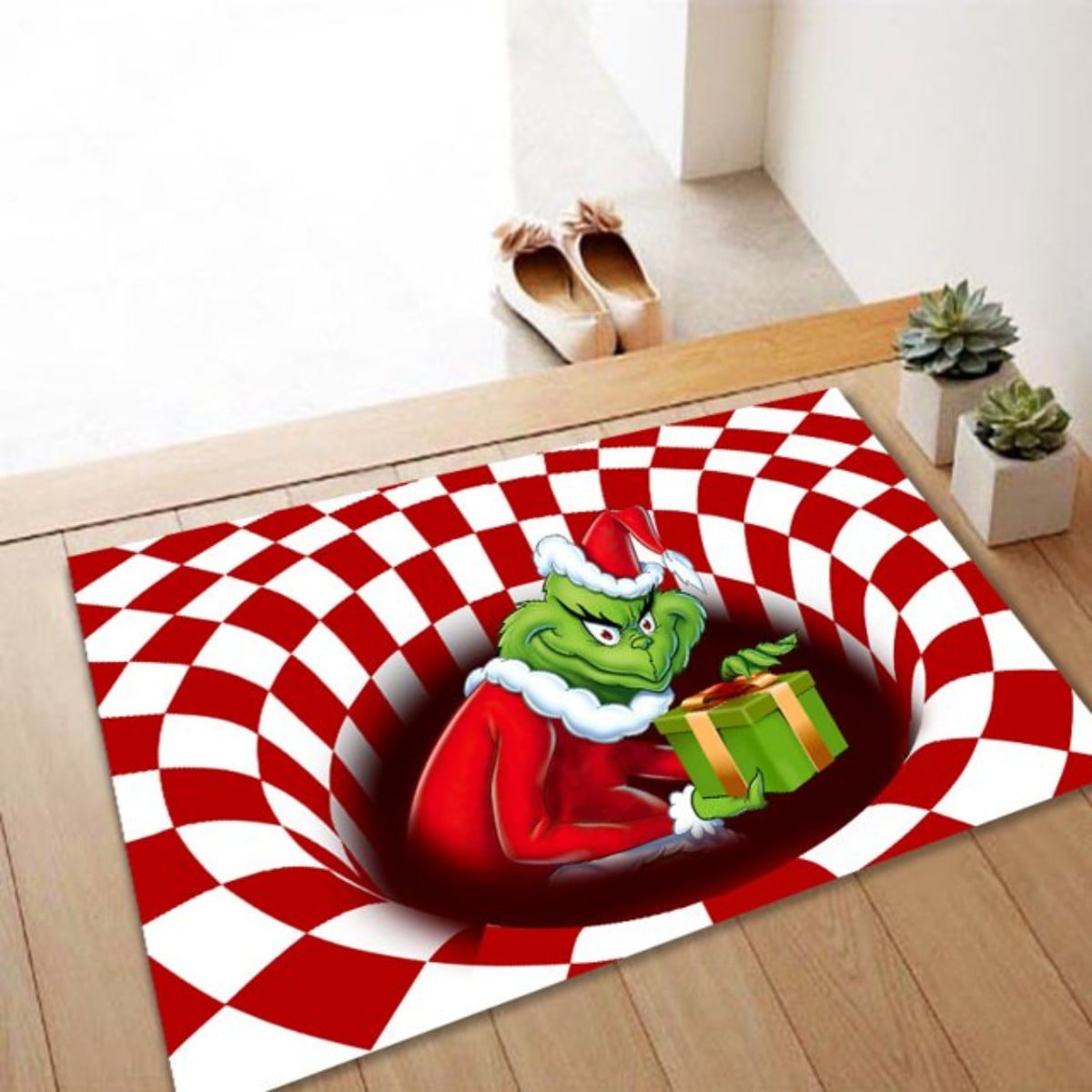 Imoment Merry Grinchmas Christmas Mat 3D Visual Illusion Carpet for Christmas Indoor Outdoor Rug