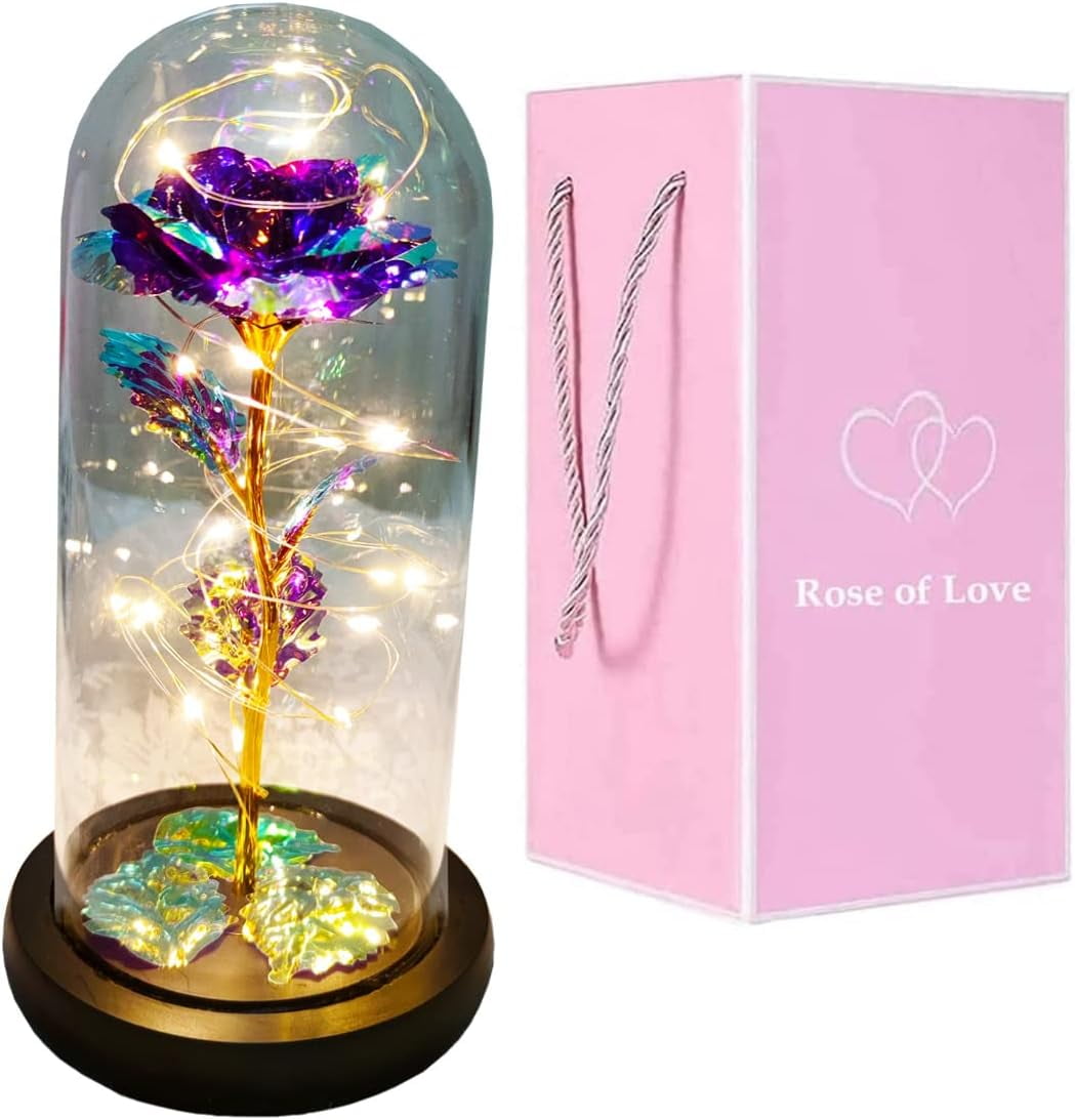 Imoment Rose Gifts for Mom,Galaxy Rose in Glass Dome with LED Light