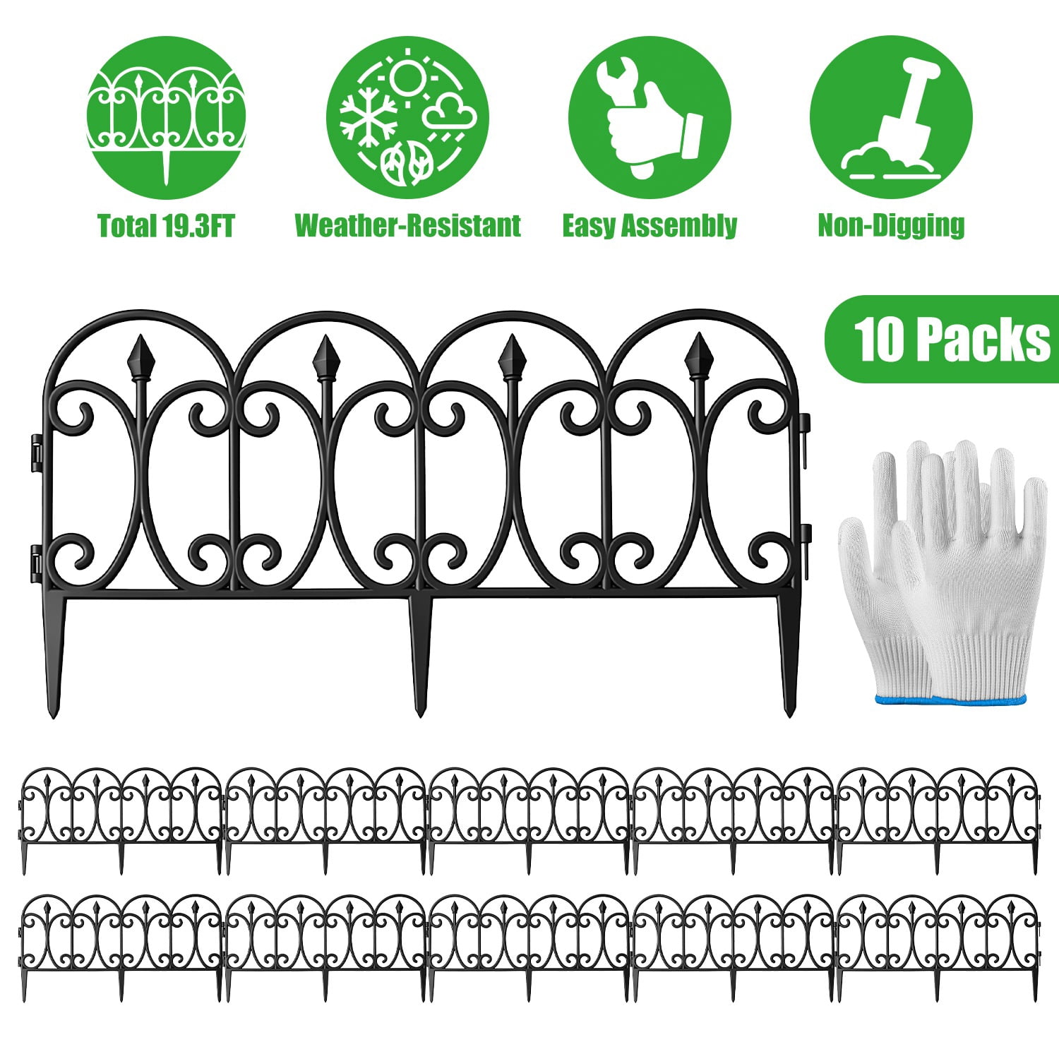 Imountek 10 Pack 19.3ft PP Garden Lawn Edging Border, No-Dig Flexible Interlocking Landscape Fence Panels with Gloves