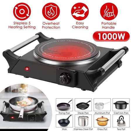 Imountek 1000W Portable Electric Single Burner, Countertop Hot Plate with 5 Temperature Stepless Adjustments for RV Dorm Kitchen, Black