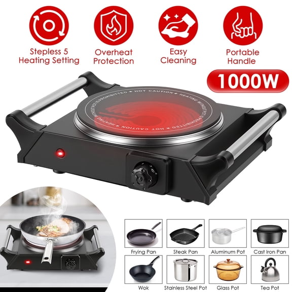 Imountek 1000W Portable Electric Single Burner, Countertop Hot Plate with 5 Temperature Stepless Adjustments for RV Dorm Kitchen, Black