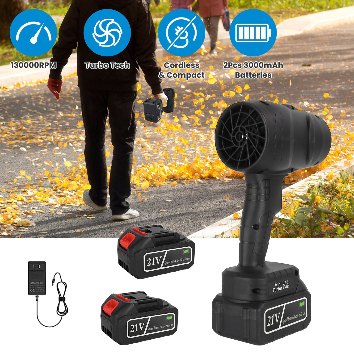 Imountek 130000RPM Mini Cordless Leaf Blower 1000W Battery Operated Blower with 2x3Ah Batteries for Leaf Snow Dust Cleaning