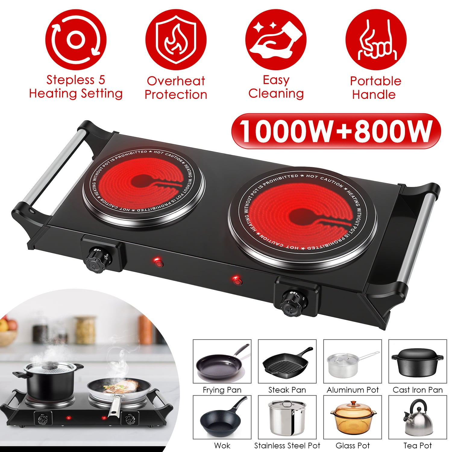 Imountek 1800W Portable Electric Double Burner, Countertop Hot Plate with 5 Temperature Stepless Adjustments for RV Dorm Kitchen, Black
