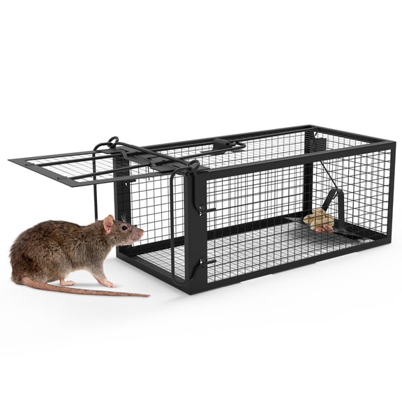 Imountek 1Pc Upgraded Humane Rat Trap Cage, Galvanized Steel Reusable Live Mouse Trap for Indoor Outdoor Use, Black