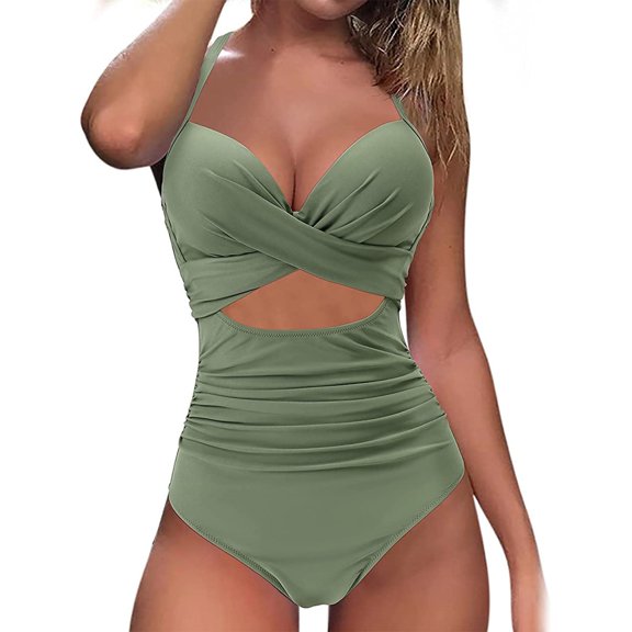 Imountek 1Pc Women Swimsuit Beachwear Swimwear Tummy Control Cutout High Waist Bathing Suit Wrap, Green, S