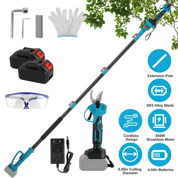 Imountek 2 in 1 Electric Pruning Shear with Extension Pole, 13ft Reach Pruning Shear with 2Pcs 21V 4.0Ah Batteries, 0.98in Cutting Diameter for Tree Trimming