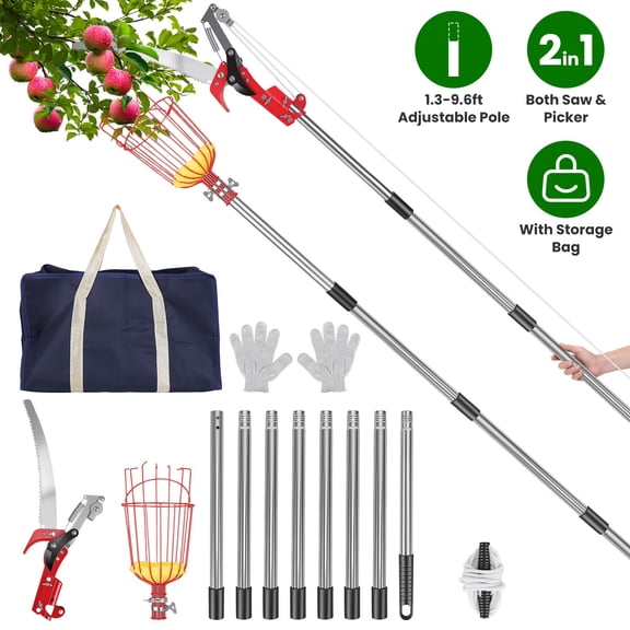 Imountek 2 in 1 Manual Pole Saw & Fruit Picker, 1.3‑9.6FT Extendable Stainless Steel Tree Pruner with 65Mn Steel Blade, Fruit Picking Basket for Garden Orchard Yard