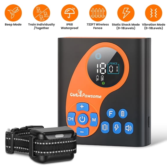 Imountek 2 in 1 Wireless Dog Fence with 1 Training Collar IP68 Waterproof, Invisible Pet Containment System, 722ft Adjustable Range with Beep Vibration Static Correction