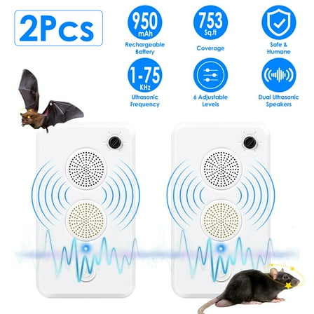 Imountek 2 Pack Rechargeable Ultrasonic Bat Repellent, 75KHz Indoor Outdoor Bat, Bird, Mouse Repeller with 6 Levels for Attic, Porch, Garage