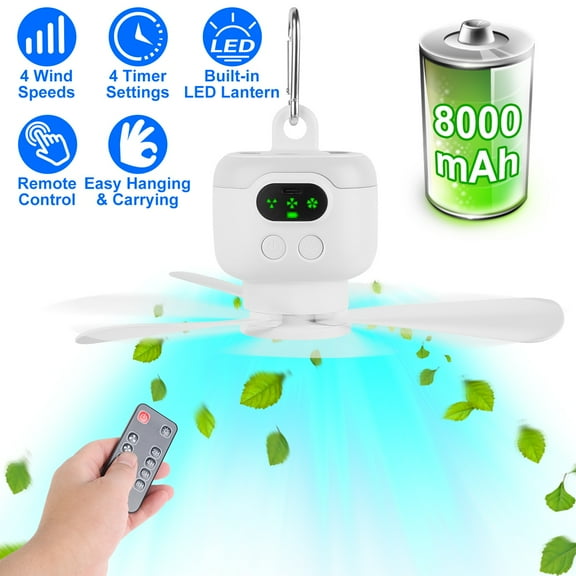 Imountek 2 in 1 Portable Camping Fan with LED Lantern, 8000mAh Rechargeable, 4 Speeds, Remote Control, Digital Display, Carabiner for Camping Tent RV